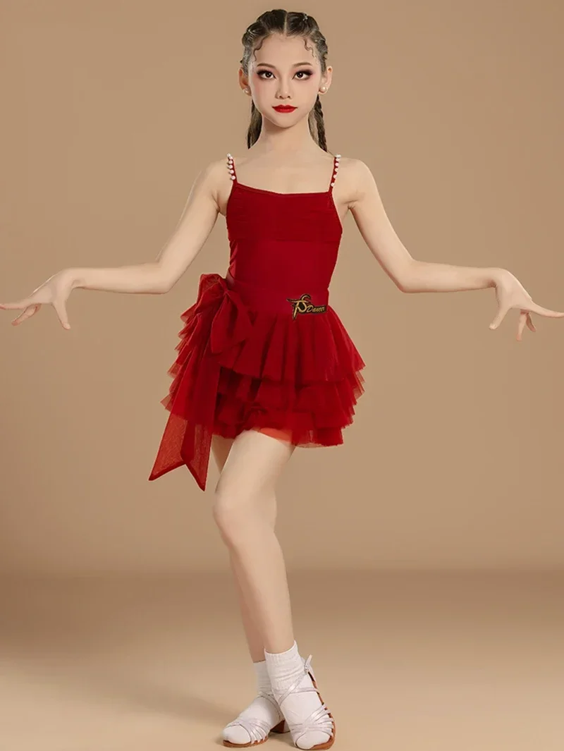 

Kids Girls Pearl Spaghetti Strap Backless Bodysuit and Bowknot Tutu Skirt Latin Dance Costume Children Dancewear Ballroom Set