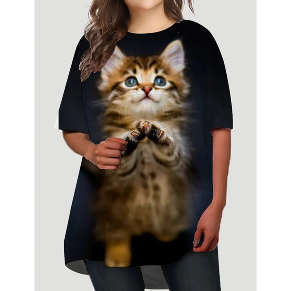 Camisetas de moda para mujer, Tops de gran tamaño con estampado 3d de gato, ropa de calle con cuello redondo holgada, camisas de manga corta para