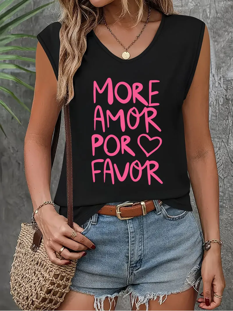 More Amor Por Favor Letter Graphic Sleeveless Tank Top T-shirt V Neck Casual Fashion Vest T Shirts Women Tee Shirt V-Neck