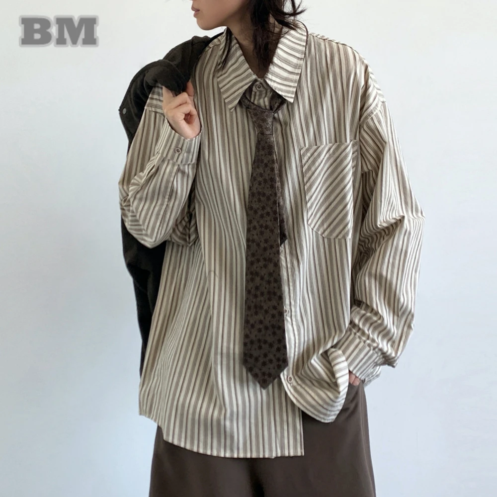 

Japanese Vintage Striped Shirt Unisex Preppy Long Sleeve Top Men Women Trendy Academic Style Spring Autumn Casual Streetwear