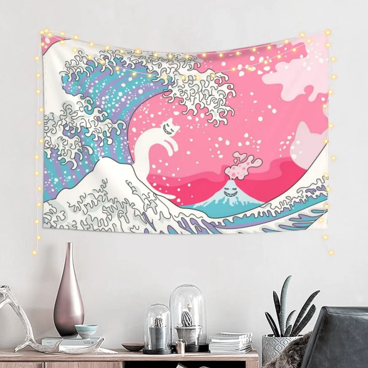 Psychodelic Bubblegum Kunagawa Surfer Cat Tapestry Japanese Room Decor Room Decorations Aesthetic Decorative Paintings Tapestry