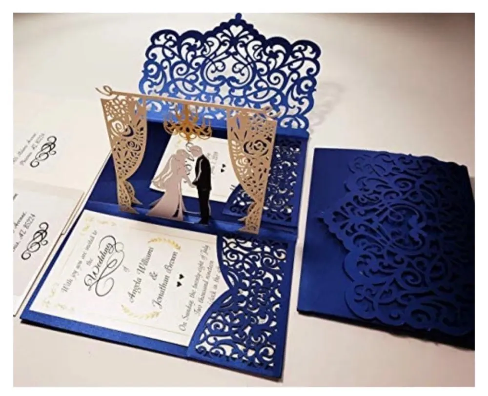 Imagem -04 - Personalizadas 3d Pop-up Cartão de Convite de Casamento Tri-fold Laser Borgonha Bolso Noiva e Noivo Cartão de Convite Ic162 50 Peças