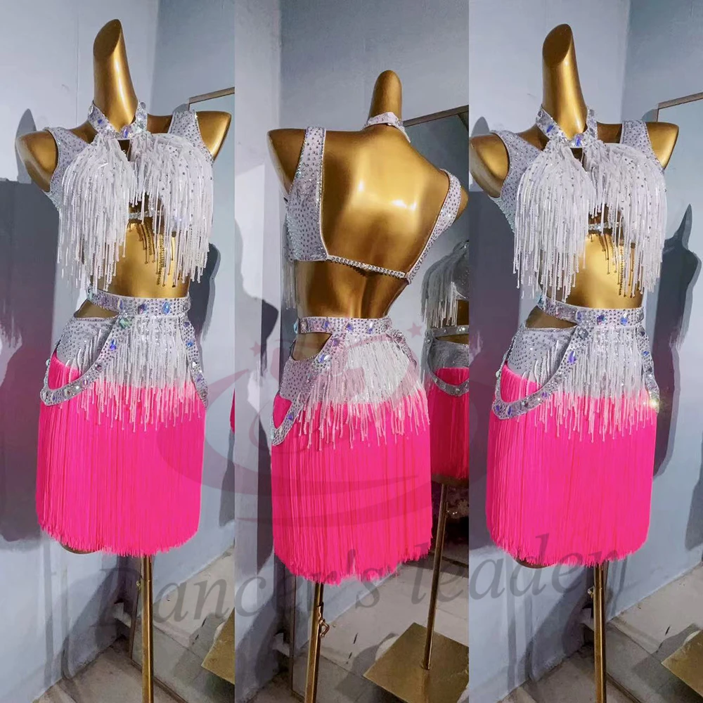 Vestido de dança latina para adultos e crianças, pedra ab, alta qualidade, emenda personalizada, borla, cha tango, roupas profissionais femininas