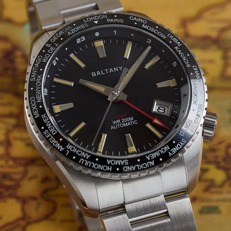 Baltany Men Automatic Watch 40mm GMT Mechaical Wristwatch Sapphire Mirror Diver 20Bar Waterproof Luminous NH34 World Time Bezel