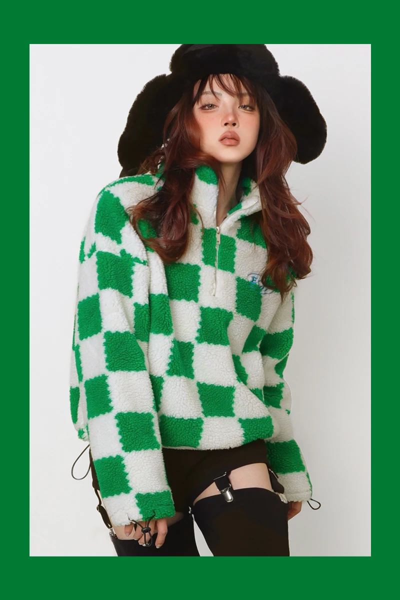 

EOH Original High Neck Plaid Sportswear Warm Fleece Lined Slimming Outerwear Top Street Style Zipper Closure Regular Fit