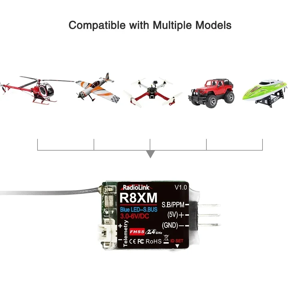 Radiolink 8-kanaals mini-ontvanger R8XM 2,4 GHz Geïntegreerde telemetrie Voertuigspanning 4000 meter Controle- en telemetrieafstand