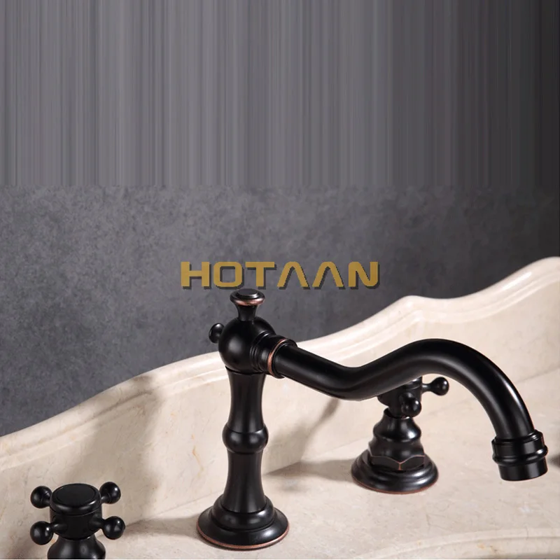 Solid Brass Bathroom Basin Mixer Tap Oil Rubbed Bronze Kitchen Sink Faucet Dual Handles 3 holes 3 pcs Deck Mounted Basin Faucet