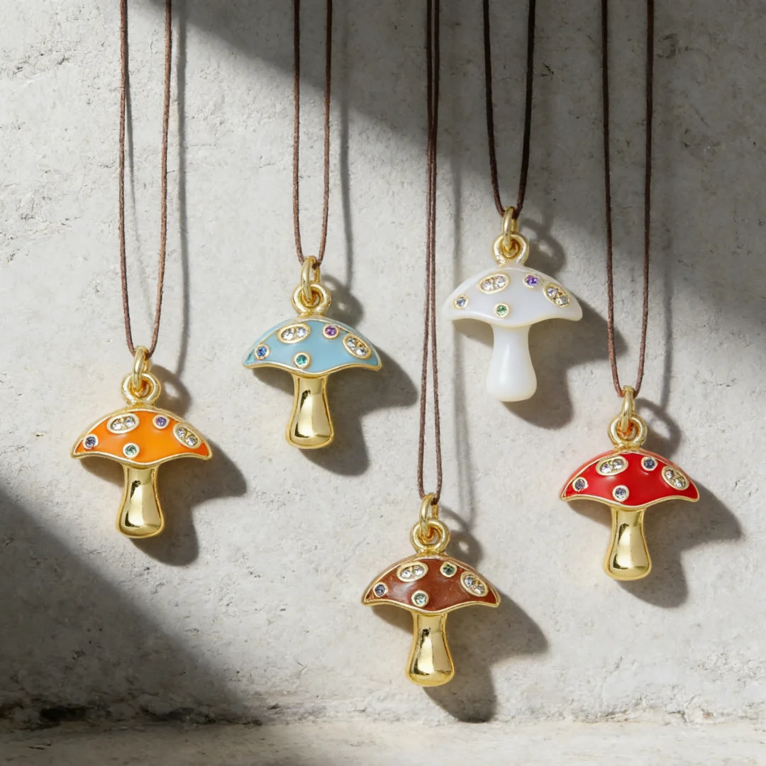 4Pcs Pendants Gold Plated Enamel Mushroom Charms Colorful Zircon DIY Jewelry Accessories for Necklace Bracelet Making Men Women