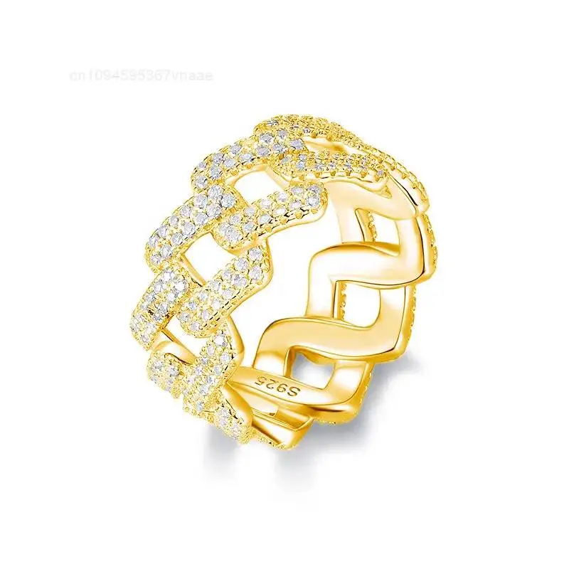 

925 Silver Hip-hop Ring with Moissanite Inlaid, Fully Adorned with European and American Fashionable Cuban Style