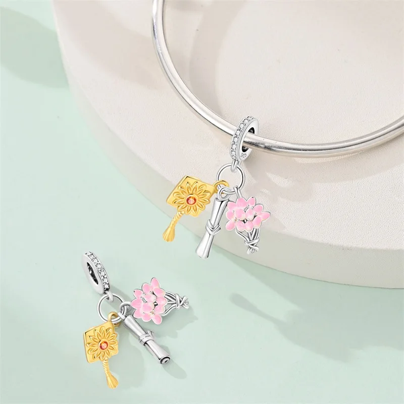 

New 925 Sterling Silver Graduation Day Three Piece Set Charms Bead CZ Zircon Dangle Fit Original Bracelet DIY Women Cute Jewelry
