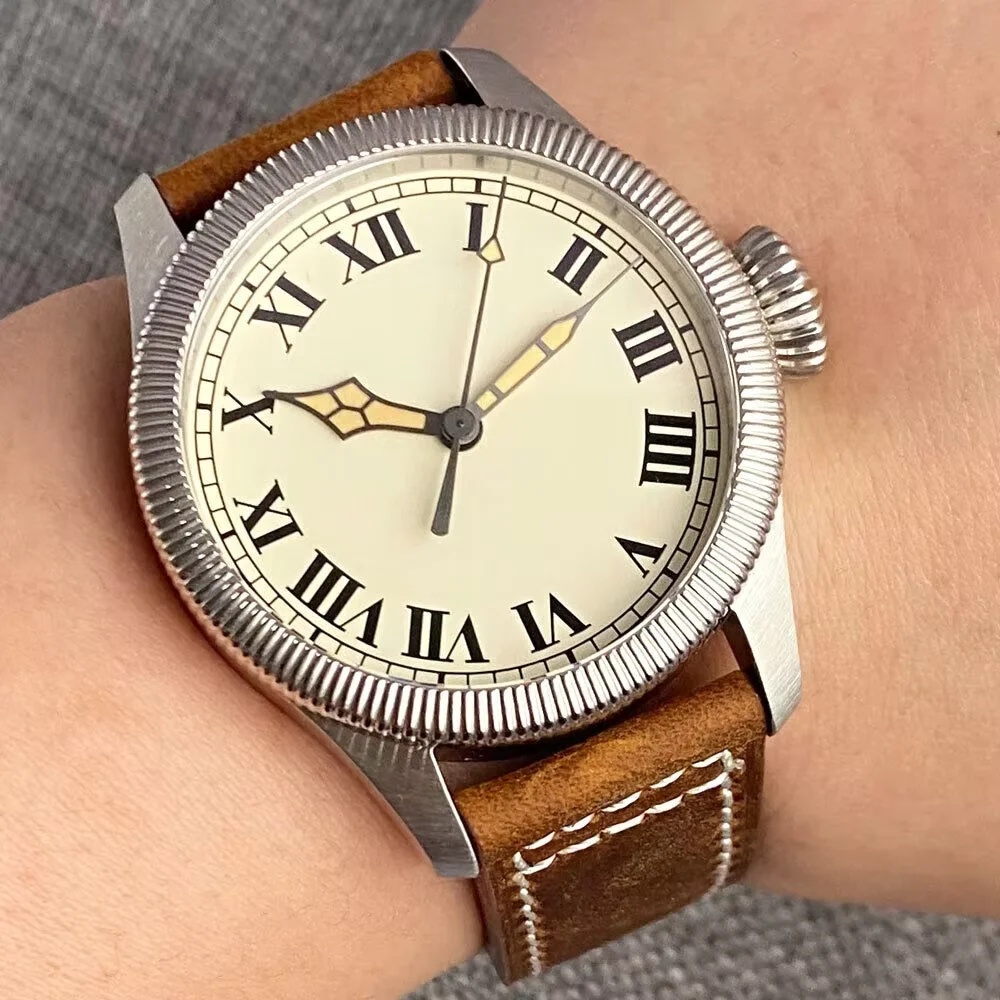 Tandorio 39mm Retro Pilot Beige Roman Numerals Watch Dial NH35A Automatic WristWatch For Mens Sapphire Glass 200m Waterproof