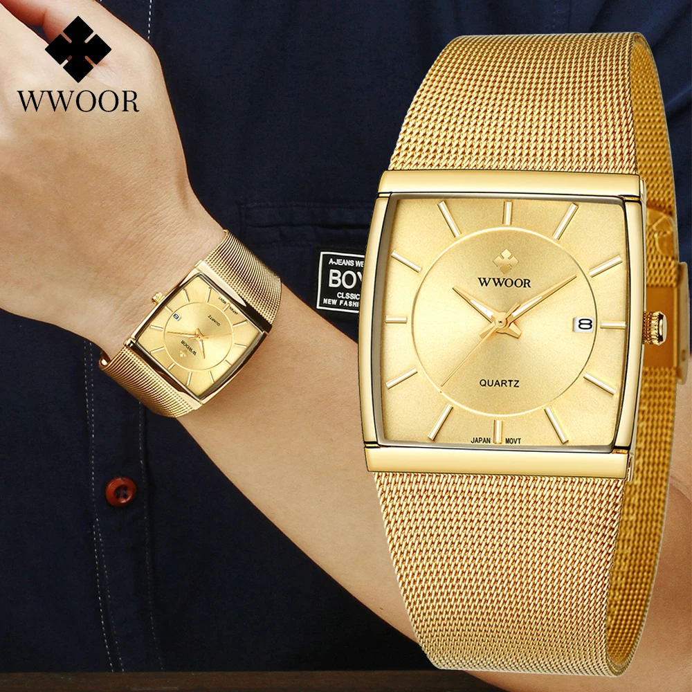 WWOOR Brand Luxury Gold Ultra Thin Quartz Watches For Men Fashion Square Mens Watch Steel Mesh Band Waterproof Date Wrist Watch