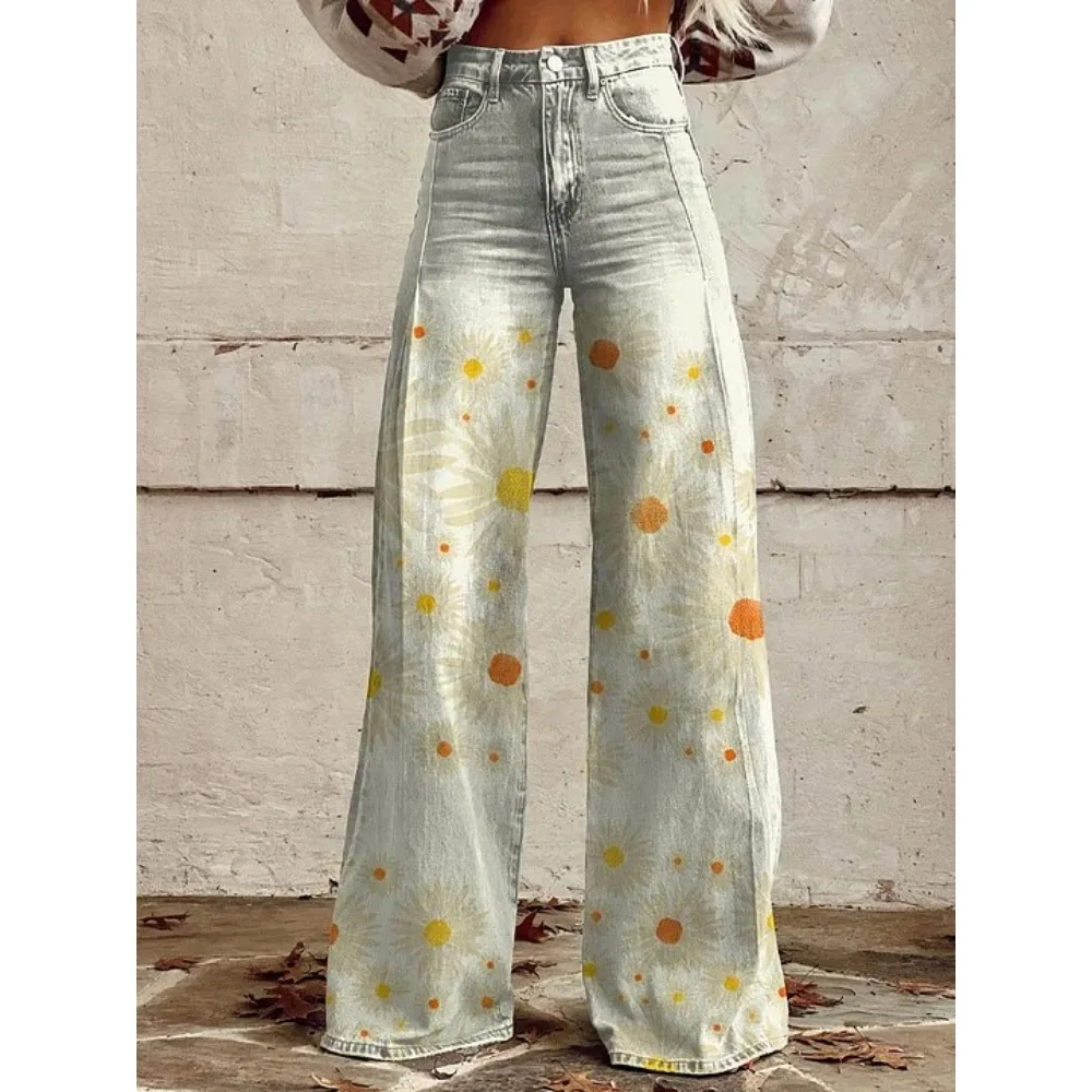 Damen Boho Blumenmuster High-Waist Weite Hose Retro Y2K Western Lässige Loose-Fit Hose mit Taschen Sexy Mädchenhafte Streetwear – Detail 8