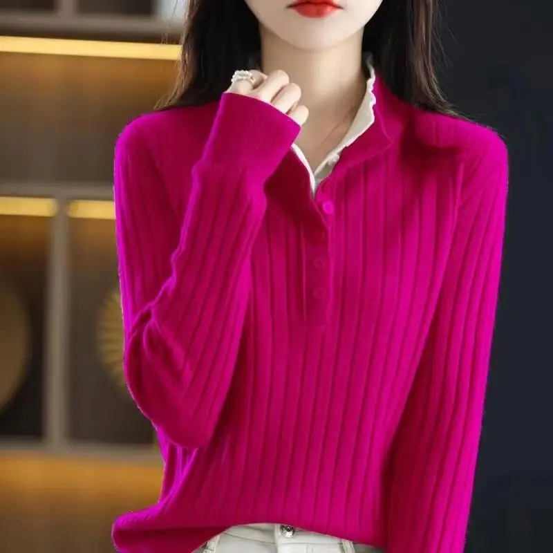 

Autumn Winter New Women's Knitted Sweater Pullover Fake Two-Piece Half High Collar Versatile Solid Color Button Sweater T-shirt