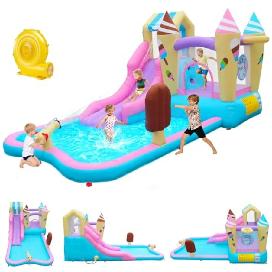 

Надувная водная горка-батут 8-в-1: аквапарк с водной пушкой, скалодромом, баскетбольным кольцом и бассейном для игр, дизайн «Мороженое»