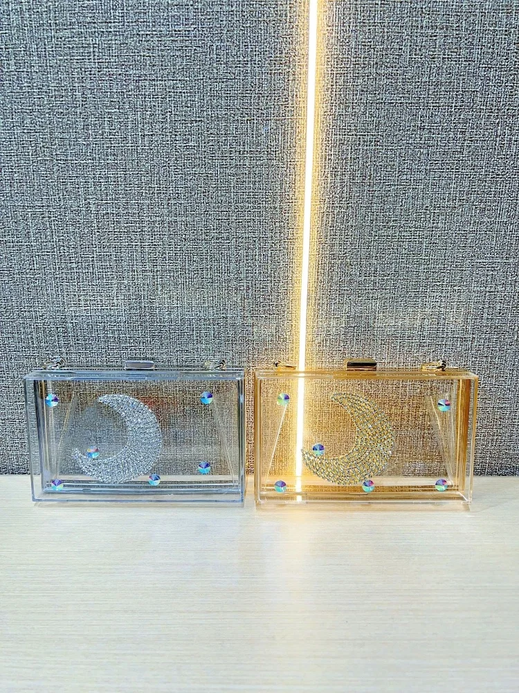 Nova caixa pequena de acrílico transparente sacos de embreagem noite das mulheres na moda lua padrão corrente ombro crossbody sacos bolsas casamento embreagem