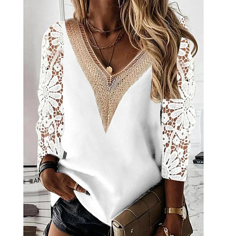 

Fashion Hollow Lace Shirts Women Autumn Winter Elegant Office Lady Blouse Tops V-Neck Lace Sleeve Chiffon Pullover White Blouses