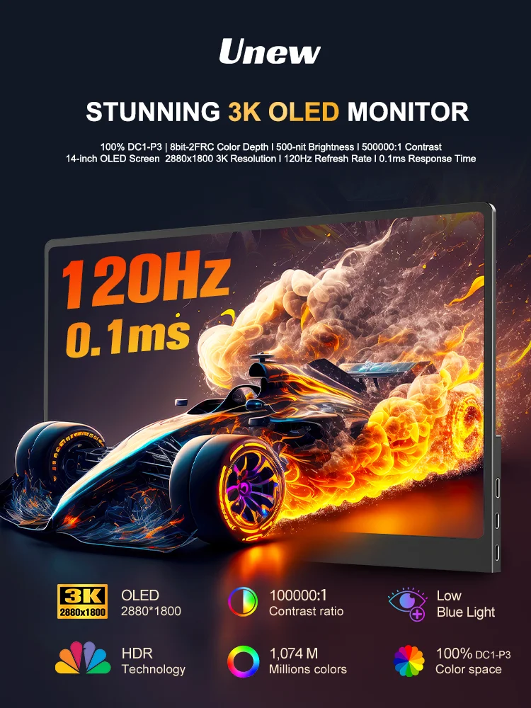 14 Zoll tragbarer Monitor OLED 3K 120Hz 2880*1800 Low Blue Light HDR-Display für Laptop-Gaming-Monitor PS Switch Xbox