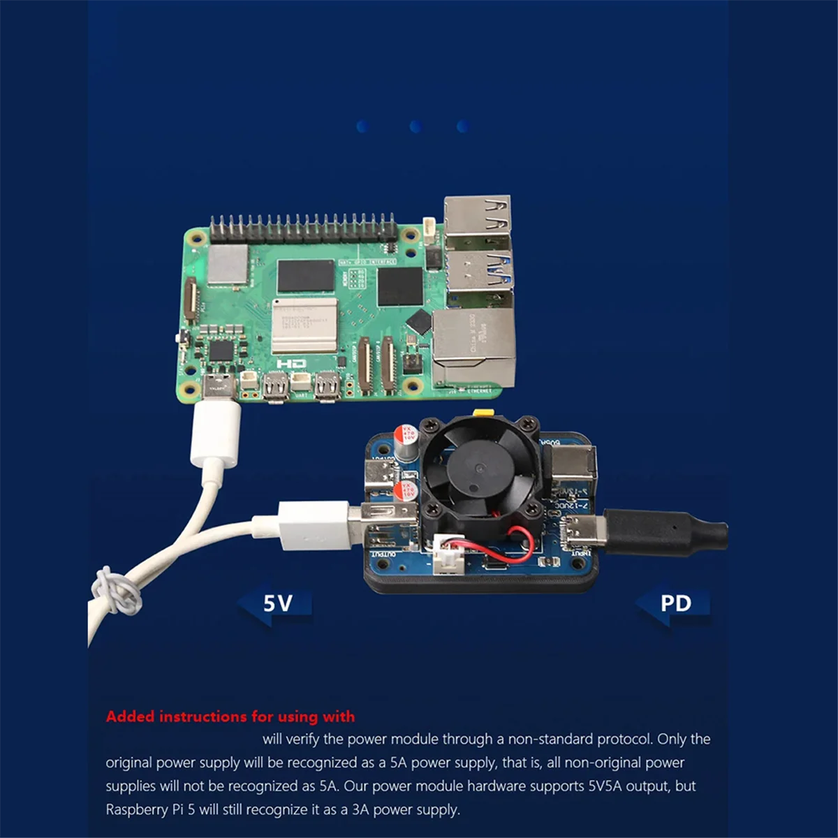 5V 5A PD Power Tech pour Raspberry Pi5 USB-C et USB-A touristes Port Power Tech Support USB-C PD ou DC5.5 Entrée