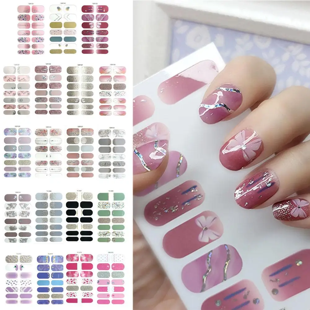 Blue Gel Nail Patch Slider Glitter Pink Adhesive Full Coverage Gel Nail Patch UV Lamp Cured Manicure for Woman & Girl I1J9