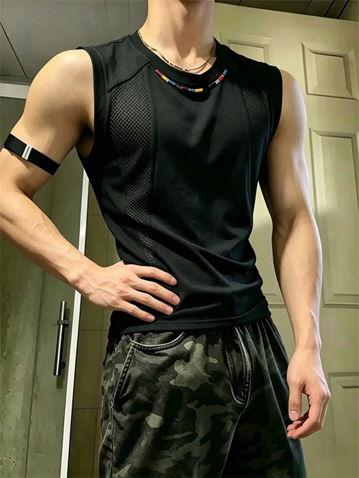 Quick Dry Ice Silk Mesh Vest Men's Sport Sleeveless Show Shoulder Width Cool Feeling Embroidery T-Shirt Heavy Sport Style
