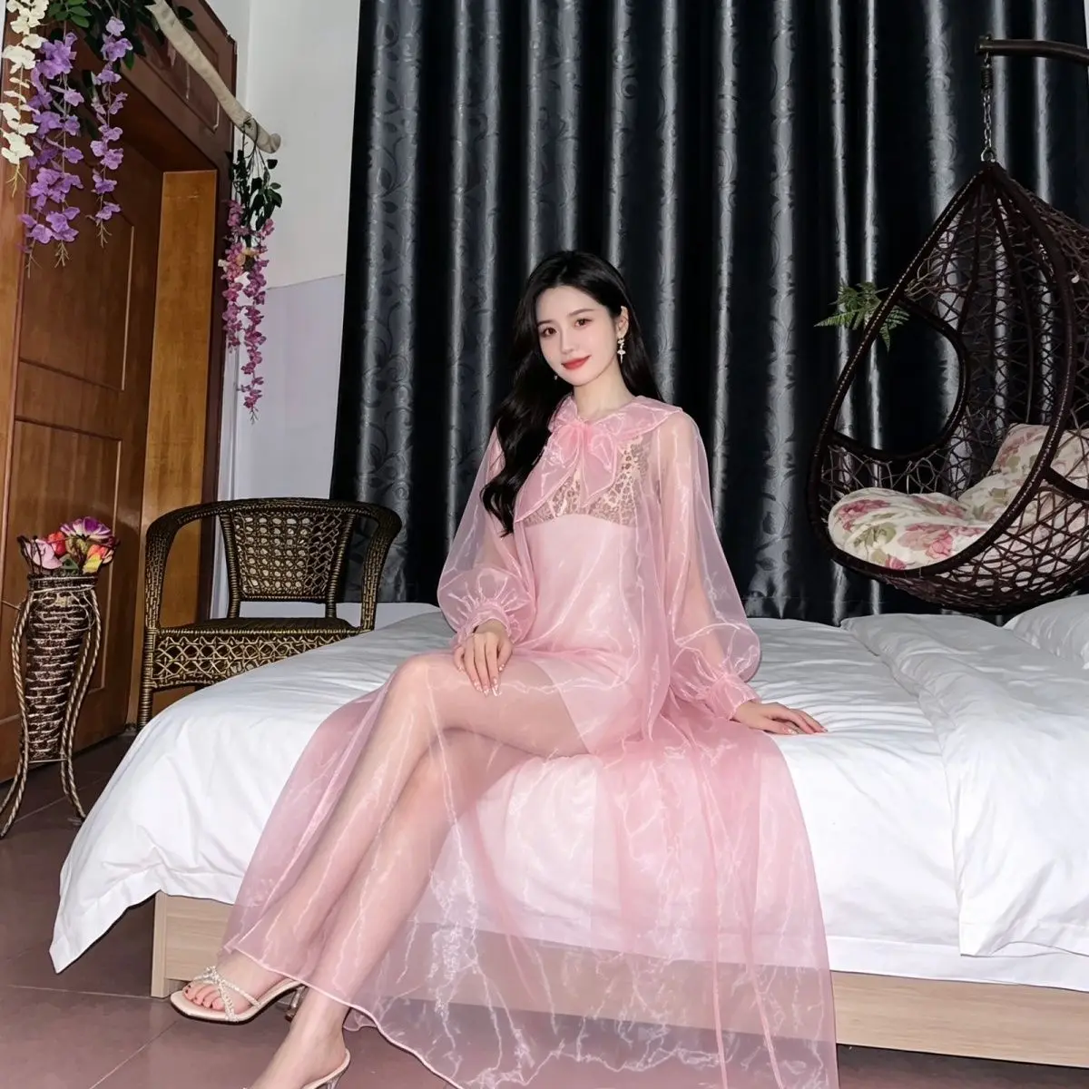 Water Light Gauze Naked Sleep Loose Nightgown See-through Gauze Shiny Smooth Bow Knot Erotic Sexy Men and Women Homewear