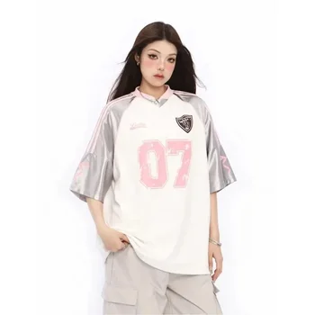 실버 여성용 레트로 넘버 7 저지, 패치워크 메쉬 브이넥 오버사이즈 반팔 티셔츠, 스트리트 대비, 2024 여름 신상