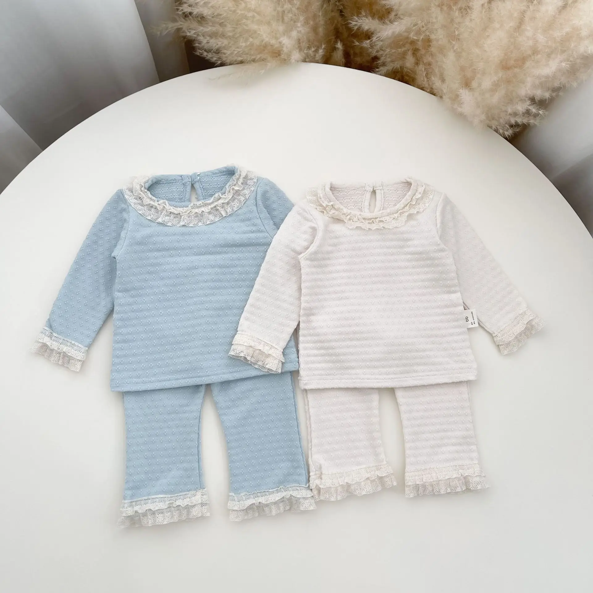 2025 Autumn New Baby Girl Long Sleeve Clothes Set Infant Toddler Lace Tops + Flared Pants 2pcs Suit Girls Solid Casual Outfits