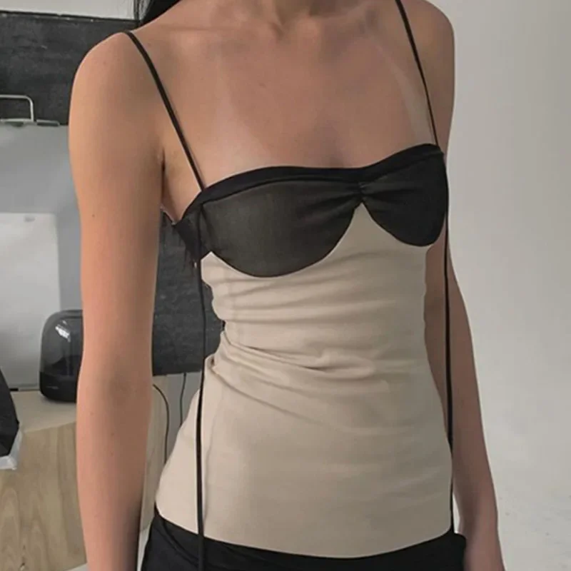 New Sexy Stitching Blouse Simple Tassel Patchwork Wrapped Chest Irregular Backless Gauze Contrast Y2K Square Neck Camisole Women