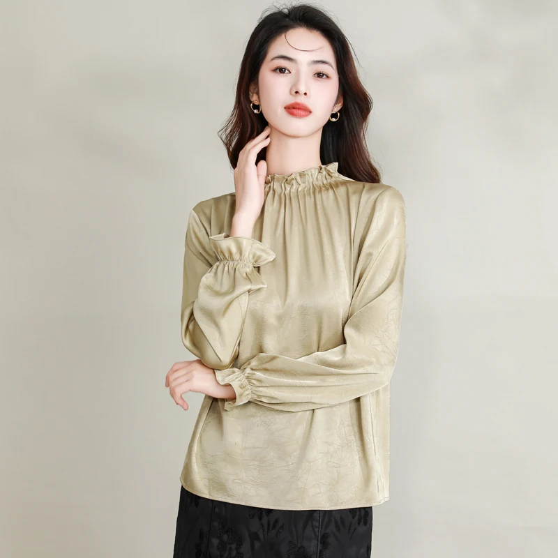 New Chinese Style Women Chic Slik Shirts Khaki Low-key Pattern Jacquard Tops Ruffle Collar Petal Cuff Design Basic Shirts Ladies