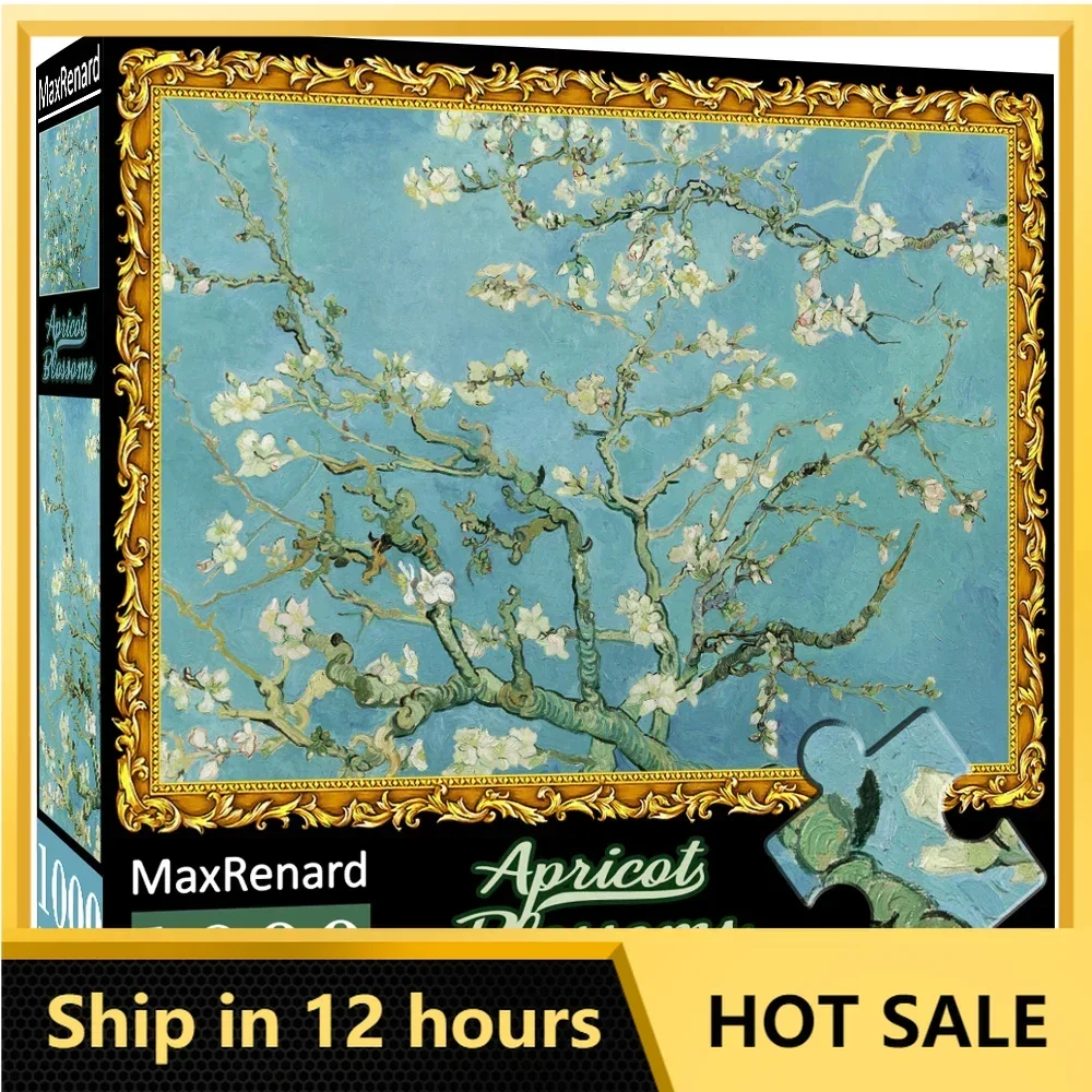 MaxRenard 50*70cm 1000 Pieces Jigsaw Puzzles Decorative Painting Van Gogh Apricot Blossoms Paper Assembling Art Puzzles