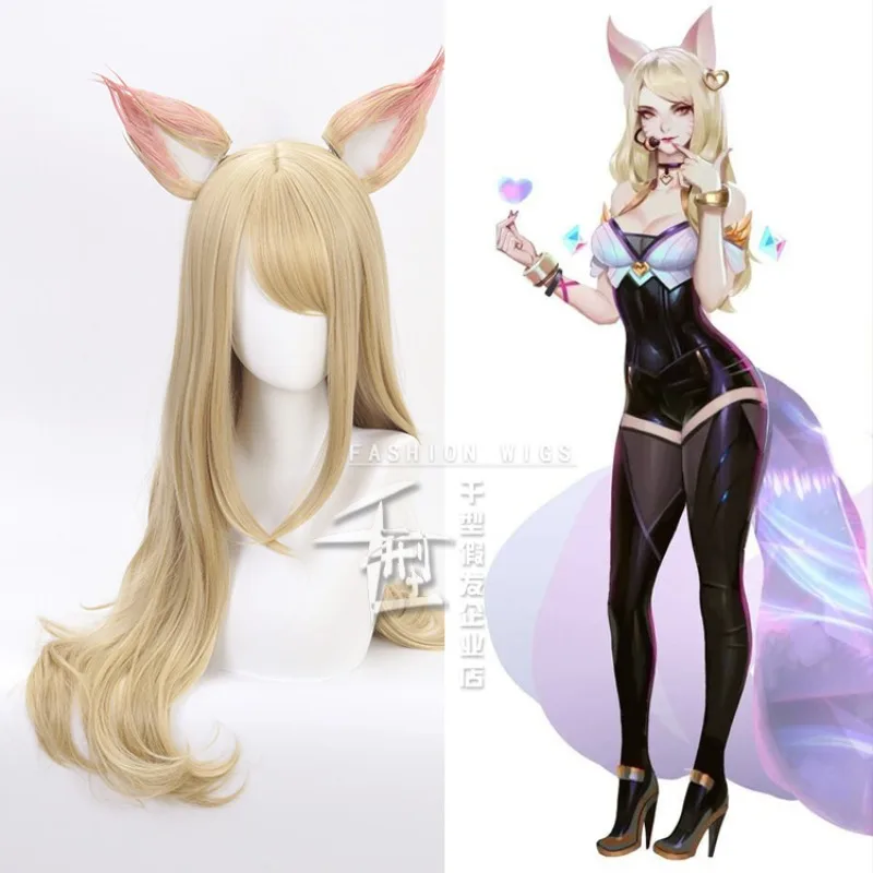 

LOL KDA Ahri Cosplay Wig Long Straight Blonde Curly Heat Resistant Synthetic Hair Wigs + Two Ears + Wig Cap