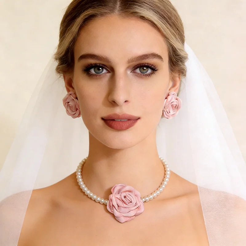Juego de 1/3 Piezas de Collares de Flores de Tela Blanca, Elegantes Collares de Perlas de Imitación Francesas para Novia, Pulseras y Pendientes para Damas de Honor, Boda A1
