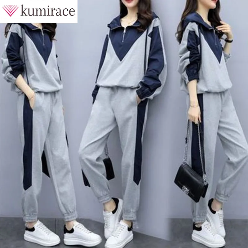

Large Size Women's Spliced Casual Sports Hoodie Set for Women's Autumn and Winter 2025 New Loose Two-piece Set Trendy Pant Sets