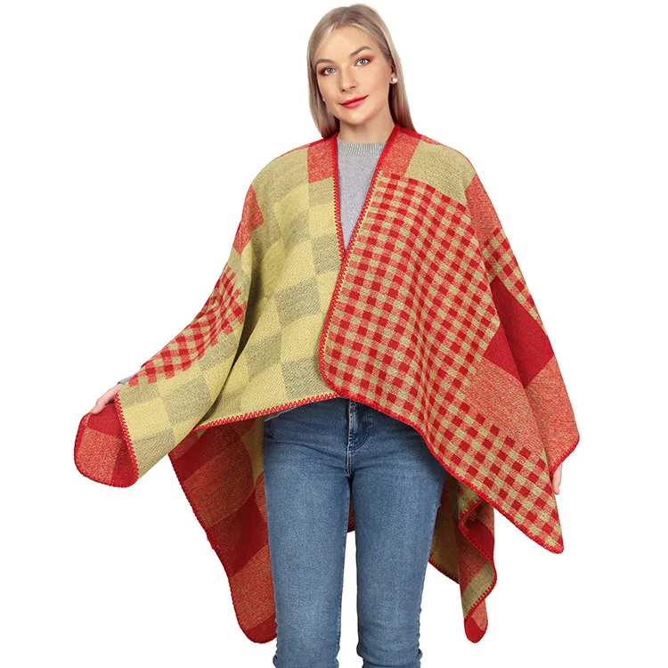 

Autumn Winter Plaid Women's Knitted Shawl Double-sided Split Shawl Fashion Street Poncho Lady Capes Yellow Cloaks