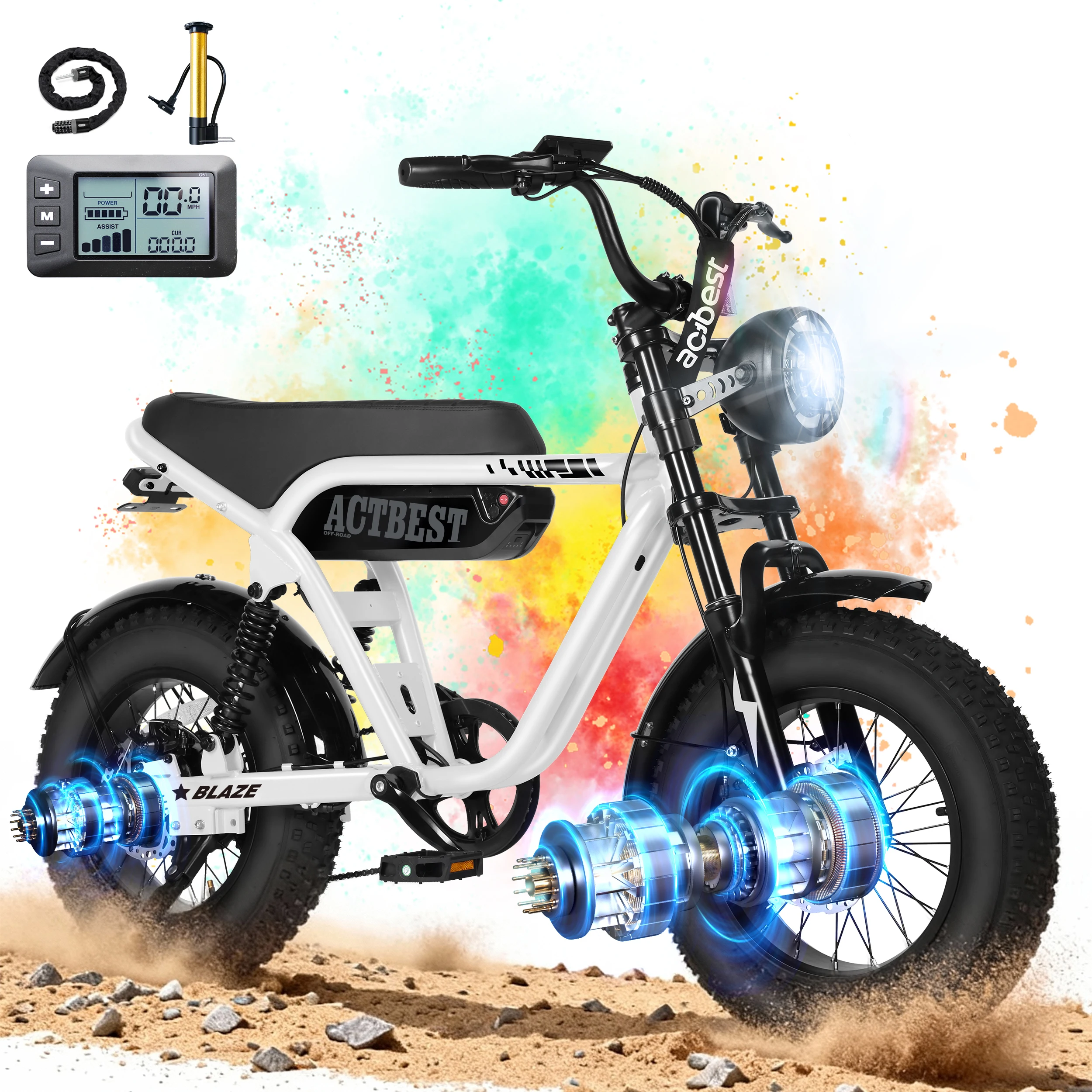 ActBest Blaze Electric Bike, 16" Fat Tires Electric Mountain Bike, 1500W Peak Motor 48V 13Ah, 25 MPH 55Mi Range Off-Road Ebike with Full Suspension, with Free Bike Lock image 8