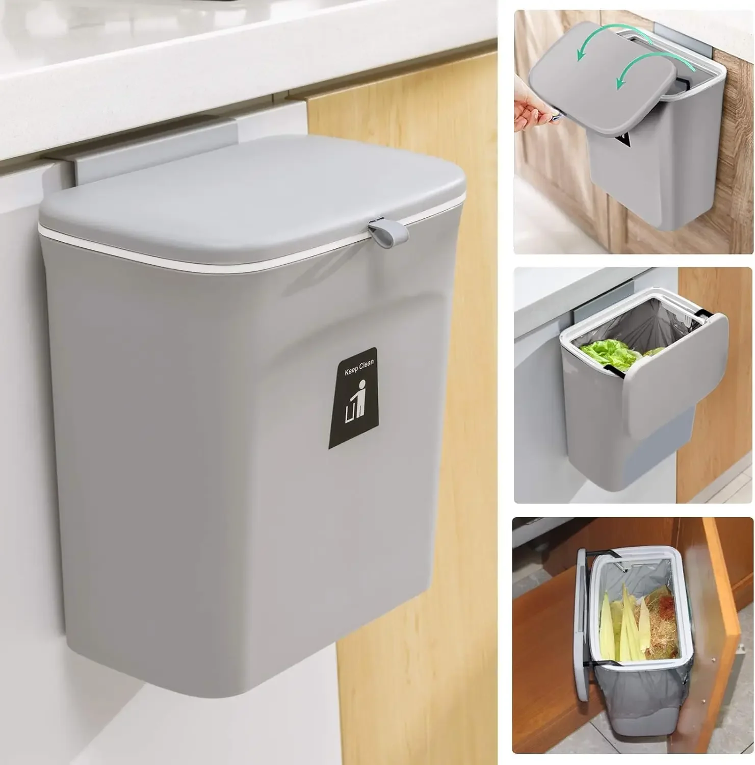 

2.4 Gallon Kitchen Compost Bin with Lid, Wall Mount Trash Can for Countertop or Under Sink, Gray