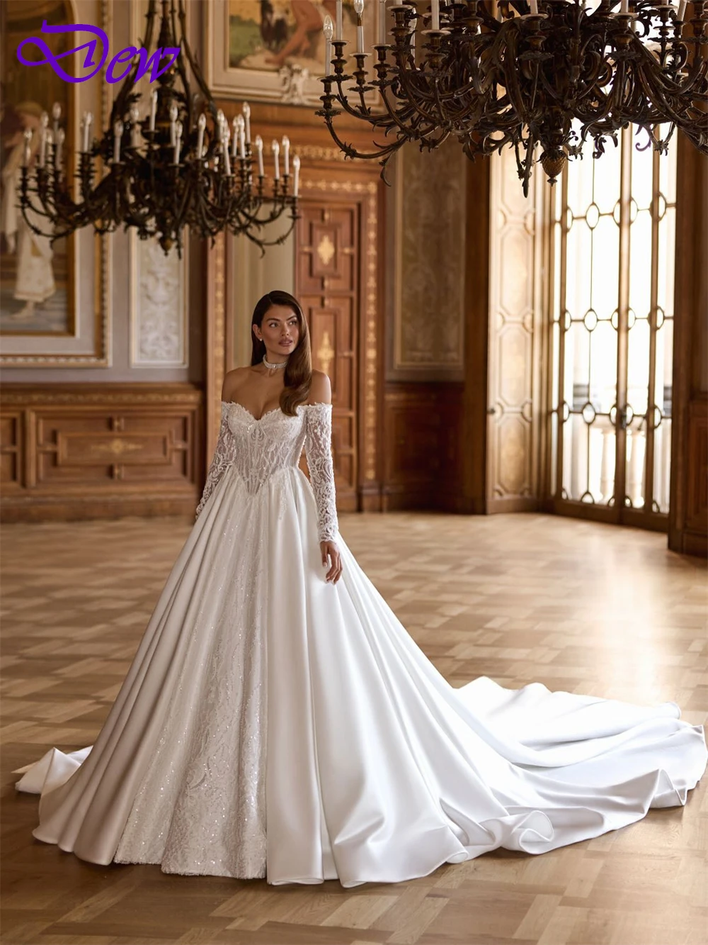 فستان زفاف أنيق من الساتان الأبيض مخصص رسمي على شكل قلب وأكمام طويلة رداء de mariée ناعم على شكل حرف a ذيل شابيل زي العرائس