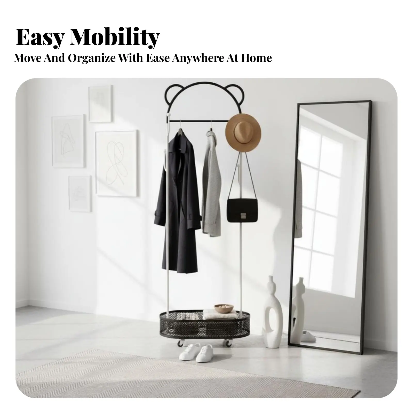 

Передвижной органайзер для одежды с корзиной для белья, прочная рама, многоуровневое хранение, устойчивый к ржавчине, для спальни