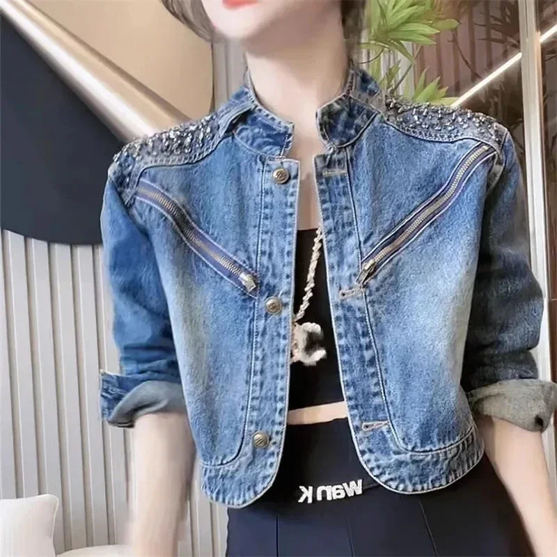 Short Cowgirl Coat Diamond-Encrusted 2024 Women New Denim Jackets Outwear Fashion Spring Autumn Zipper Denim Jacket Female Coats