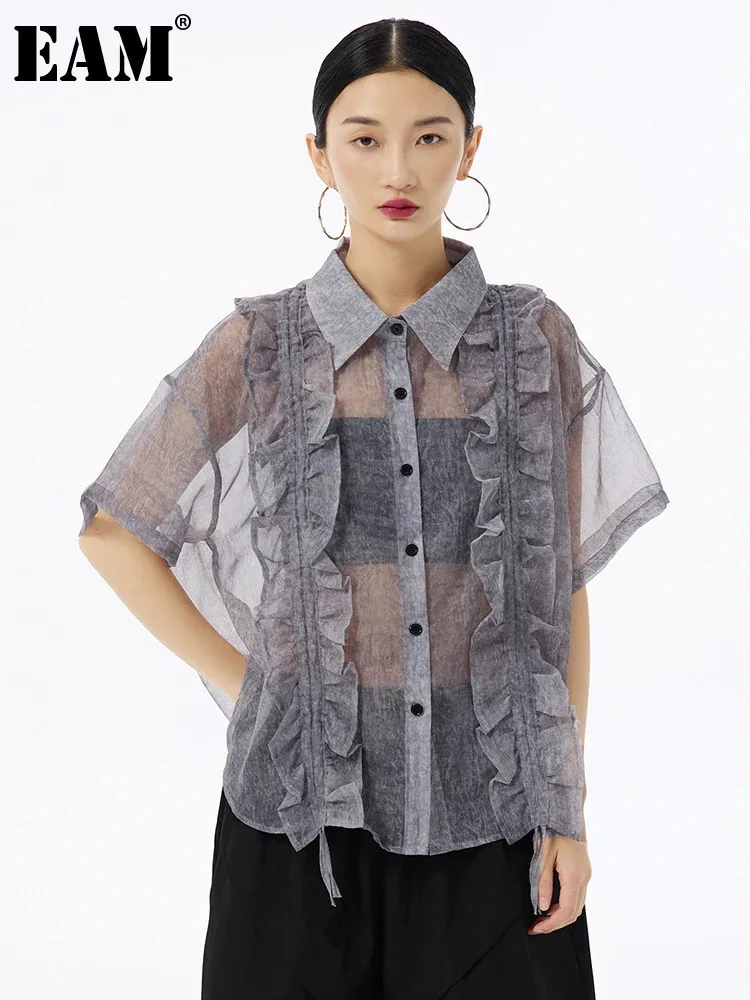 

[EAM] Women Gray Ruffles Mesh Perspective Big Size Blouse New Lapel Short Sleeve Shirt Fashion Tide Spring Summer 2024 1DH6605