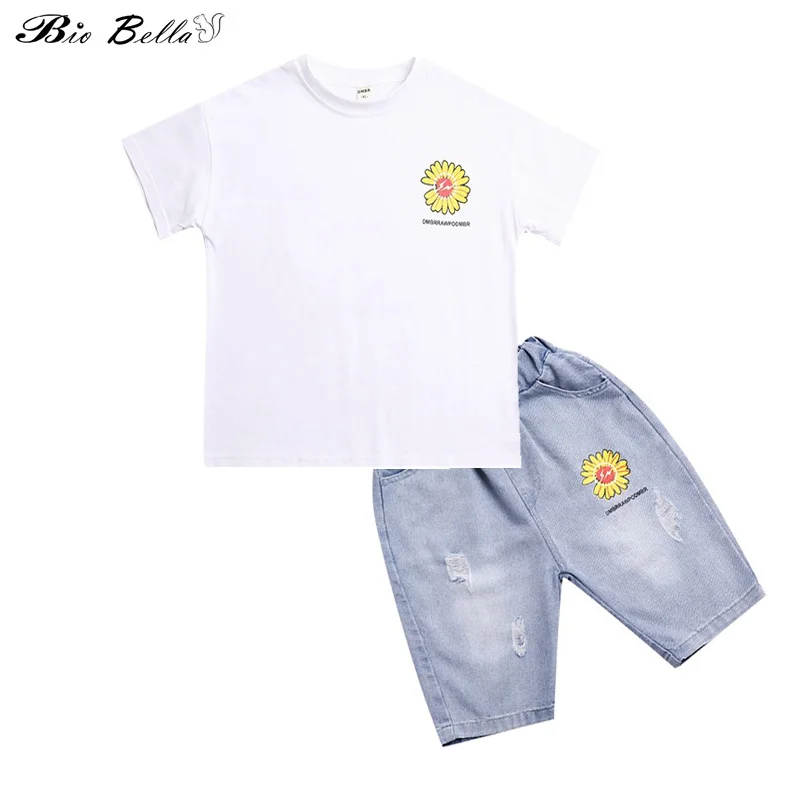 

Fashion Baby Boy Outfits Short Sleeve Toddler Sunflower Print White T-shirt Tops+Denim Shorts 2pcs Suit Summer Kids Clothes Sets