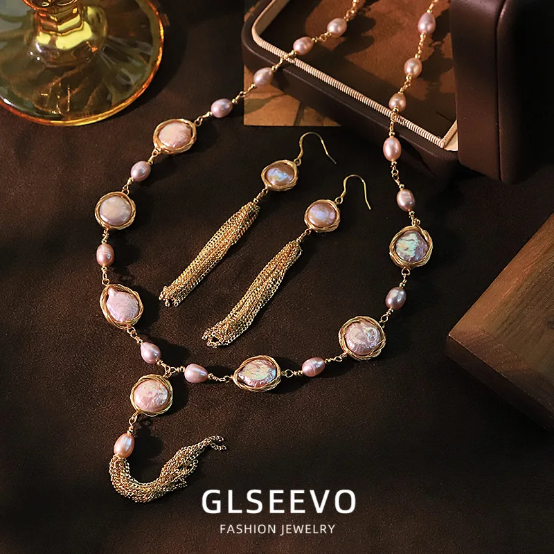 Purple Natural Pearl Copper Bead Chain Necklace Earring Set A Unique And Versatile Jewelry Piece Women