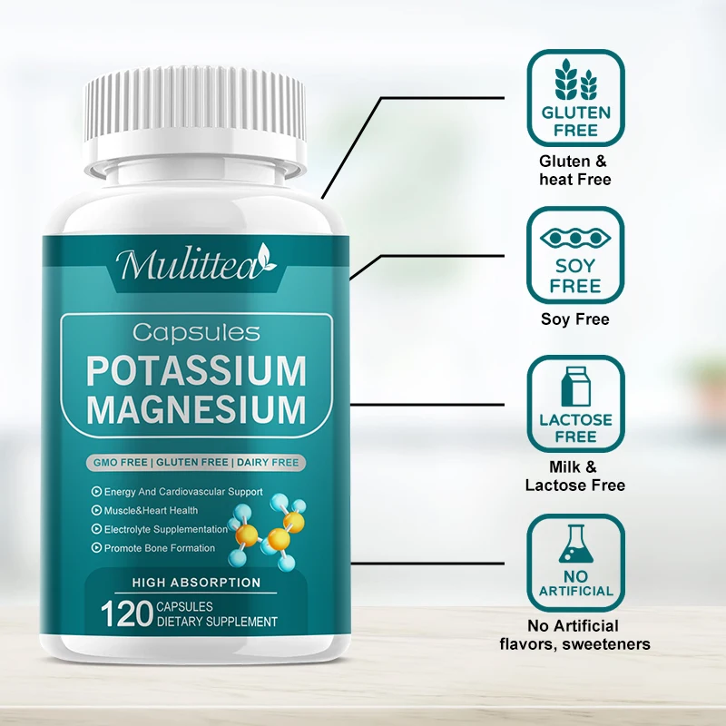 Mulittea Easily Absorbed Complex Potassium Magnesium Supplement Capsules for For Leg Spasms Muscle& Bone and Heart Health