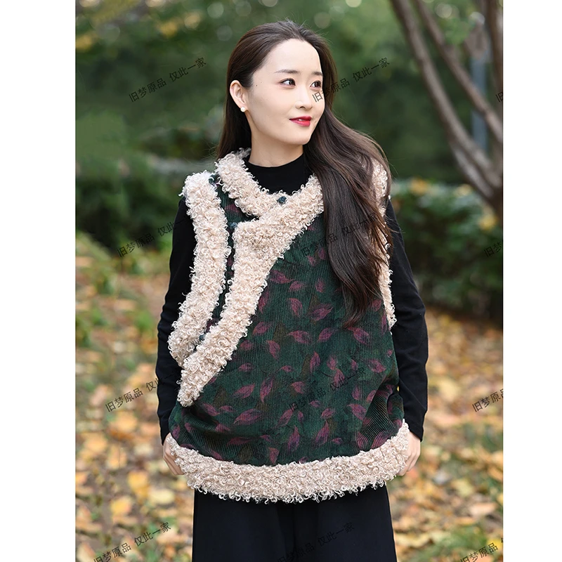 

2025 New Arrival Autumn/winter Women Casual Vintage Floral Print O-neck Vest Single Breasted Warm Cotton Outerwear & Coats J201