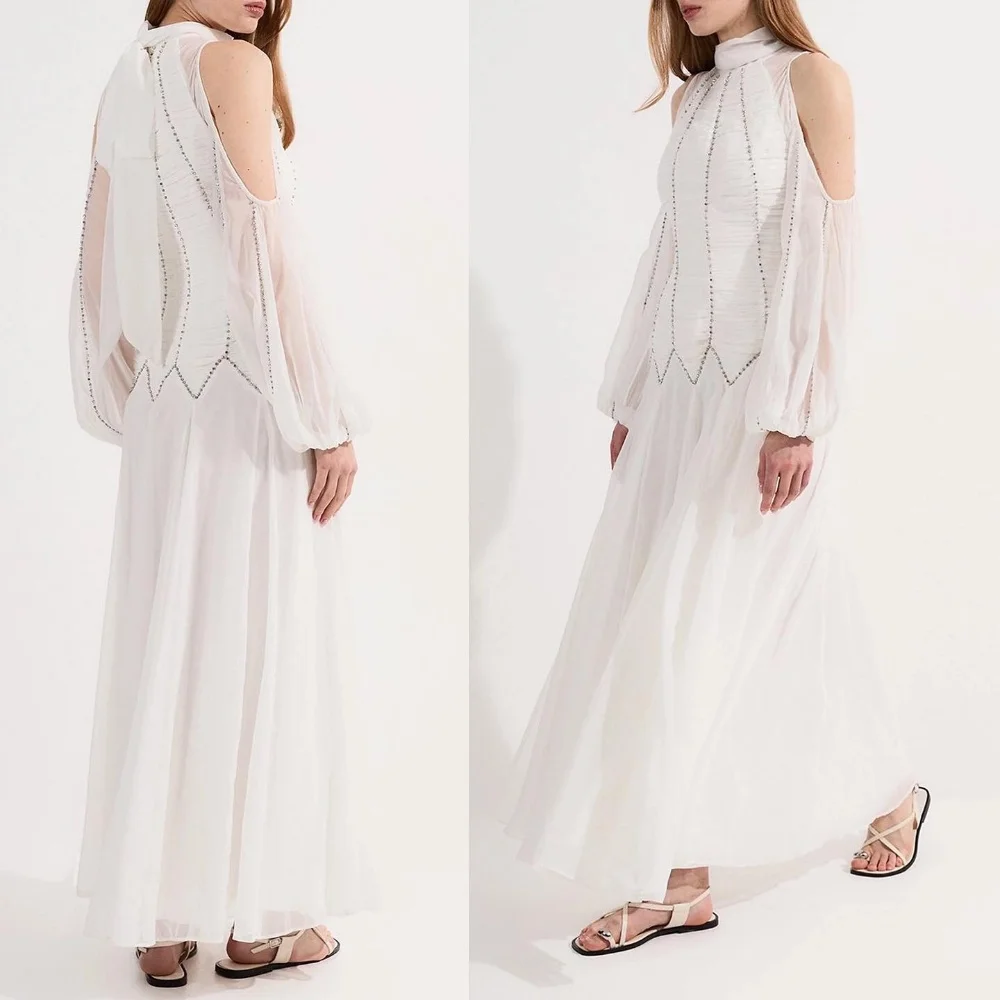 

Customized Modern Style Sexy Chiffon Pleat Ruched Rhinestone A-line High Collar Midi Dresses Bespoke Occasion Dresses Fashion
