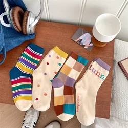 Women's Socks Cotton Vintage Harajuku Street Spring Autumn Winter Polka Dot Striped Plaid Japanese Style Short Crew Socks Girl