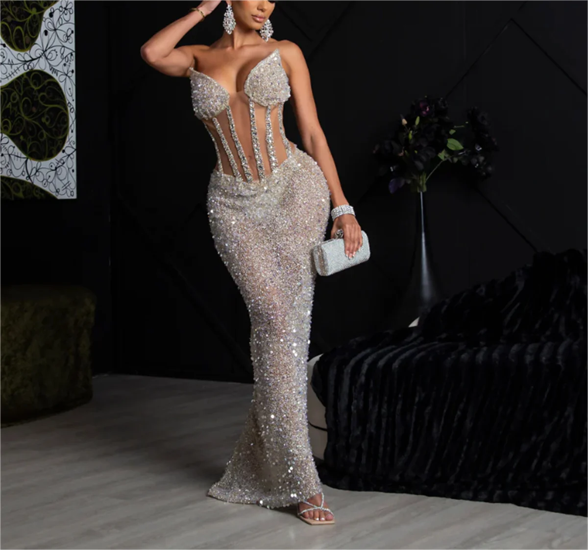 Robe de soirée perlée à taille ouverte avec mancherons transparents, robe de Rhen diamant, grande taille, robe de soirée spéciale, luxe de Dubaï