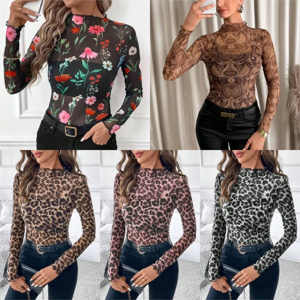 Women's Sexy Leopard Print Mesh Wooden Ear Edge Tights T-shirt Woman Blusas Juveniles Mujer Camisetas Femininas Vestiti Donna