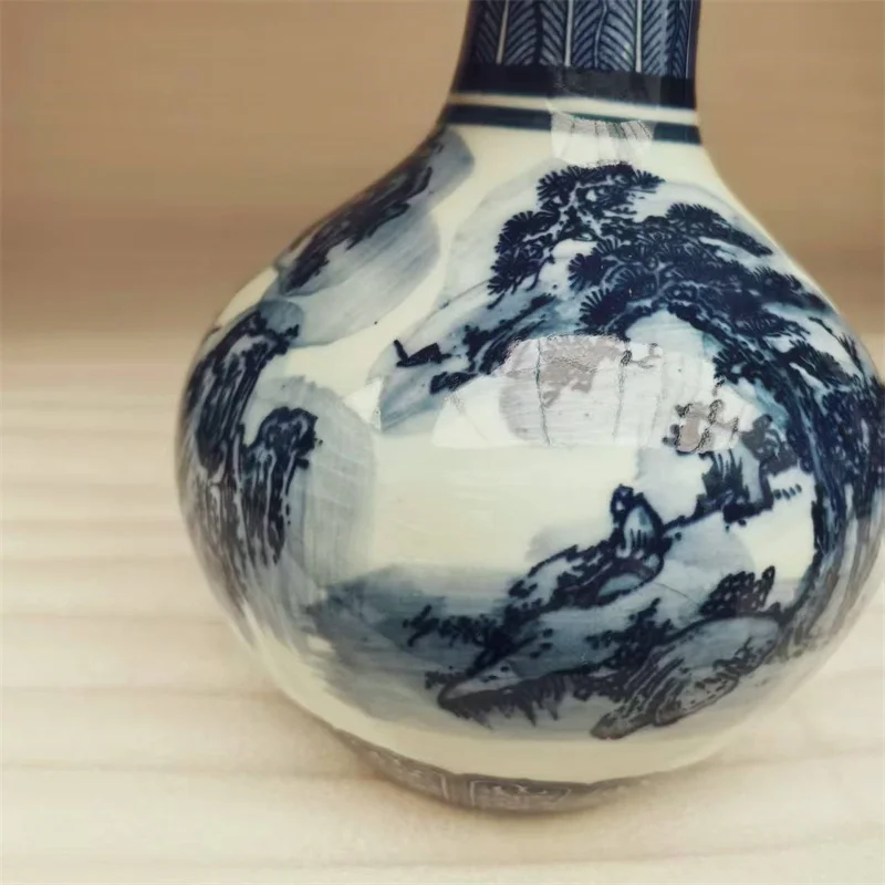 China Old Porcelain Vase Blue And White Landscape Patterns Long Necked Decorative Antique Oriental Home Decor